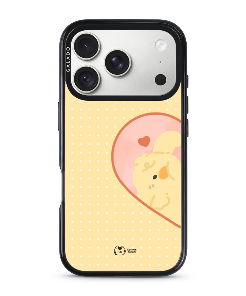 Tamago Couple Case by Rawrin Kimchi, Tamago inside half a heart on a yellow case