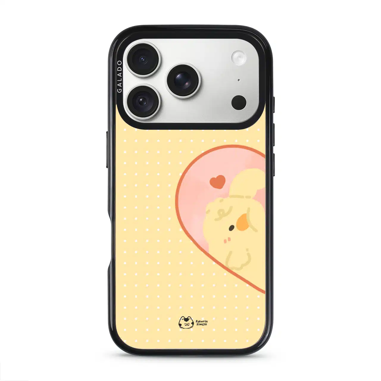 Tamago Couple Case by Rawrin Kimchi, Tamago inside half a heart on a yellow case